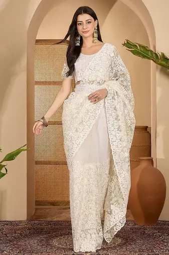 White embroidered saree with belt & unstitched blouse
