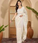 White embroidered saree with belt & unstitched blouse