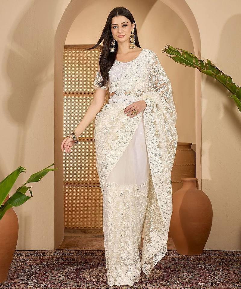 White embroidered saree with belt & unstitched blouse