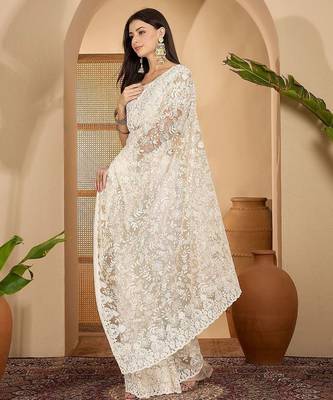 White embroidered saree with belt & unstitched blouse 2