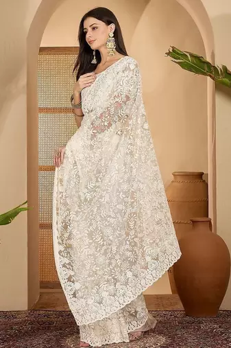 White embroidered saree with belt & unstitched blouse