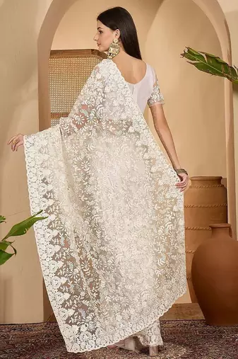 White embroidered saree with belt & unstitched blouse