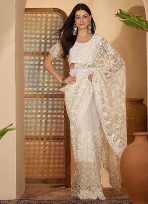 White embroidered saree with belt & unstitched blouse 4