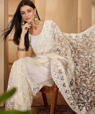 White embroidered saree with belt & unstitched blouse 5