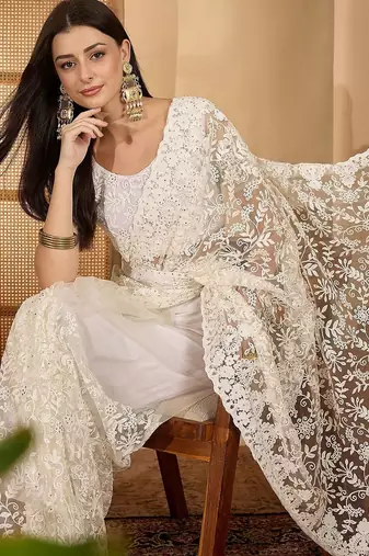 White embroidered saree with belt & unstitched blouse