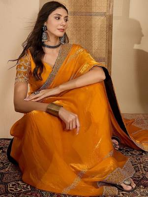 Yellow embellished beads and stones satin saree 1