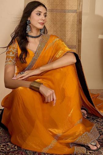 Yellow embellished beads and stones satin saree