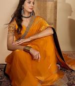 Yellow embellished beads and stones satin saree