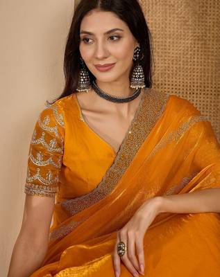 Yellow embellished beads and stones satin saree 2