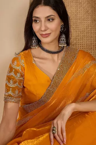 Yellow embellished beads and stones satin saree