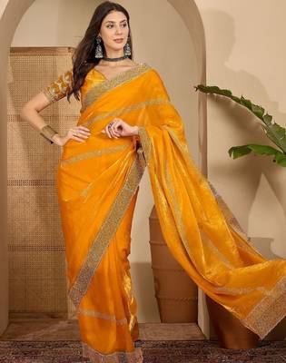 Yellow embellished beads and stones satin saree 3
