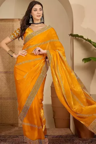 Yellow embellished beads and stones satin saree