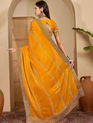Yellow embellished beads and stones satin saree 4