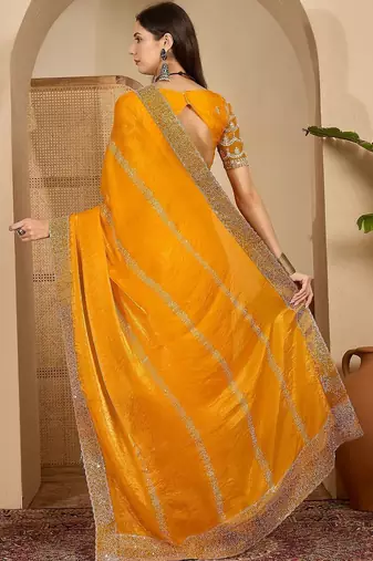 Yellow embellished beads and stones satin saree