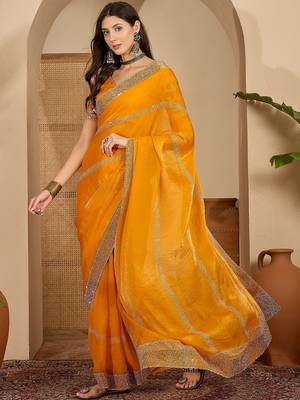 Yellow embellished beads and stones satin saree 5
