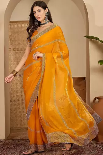 Yellow embellished beads and stones satin saree