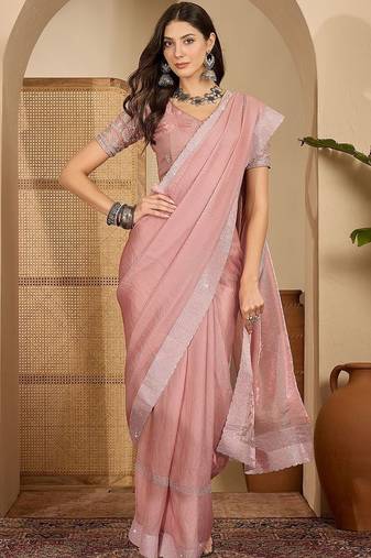 Pink embellished embroidered satin heavy work saree