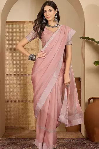 Pink embellished embroidered satin heavy work saree