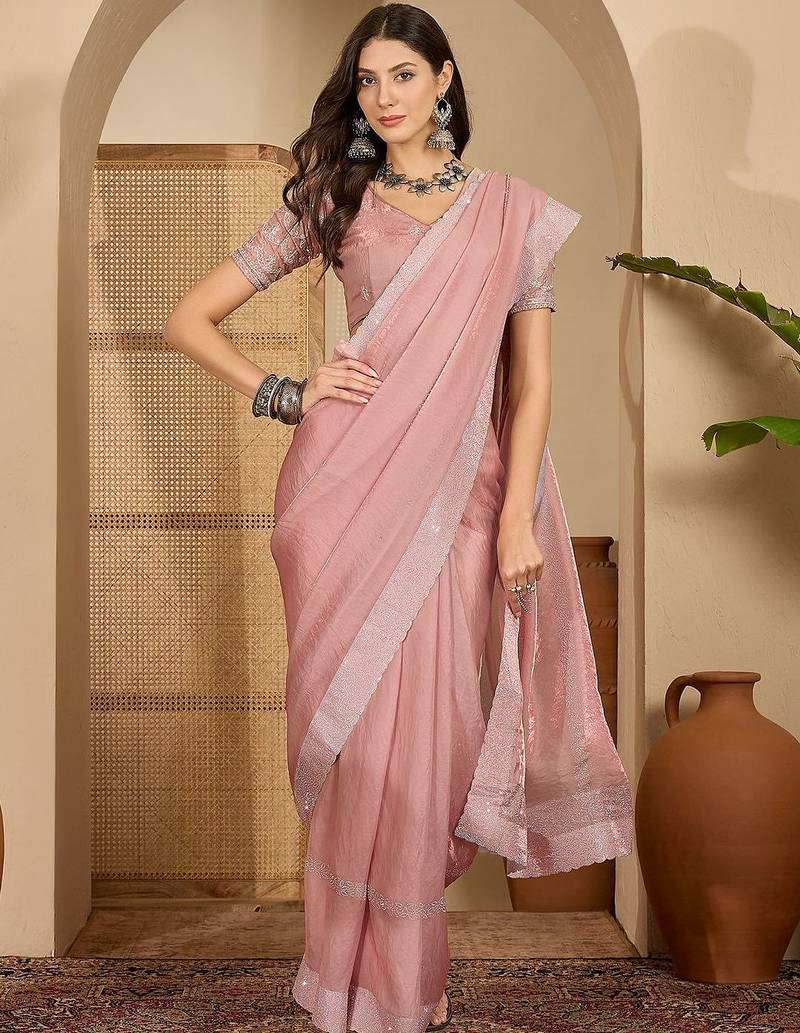 Pink embellished embroidered satin heavy work saree