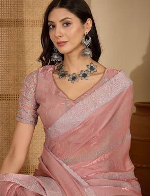 Pink embellished embroidered satin heavy work saree 2