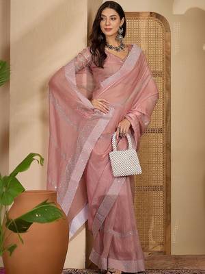 Pink embellished embroidered satin heavy work saree 3