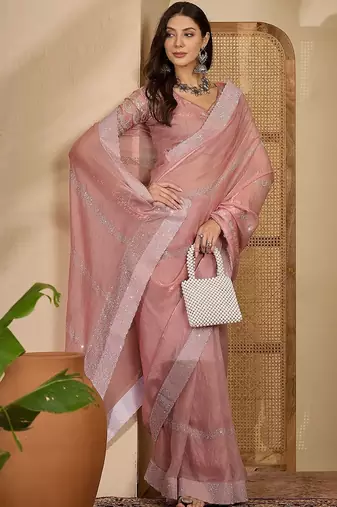 Pink embellished embroidered satin heavy work saree