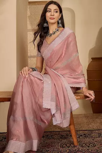 Pink embellished embroidered satin heavy work saree