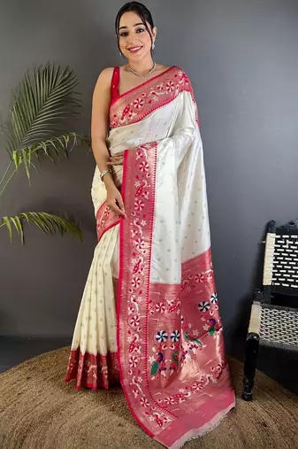 Off white woven design paithani sarees with blouse