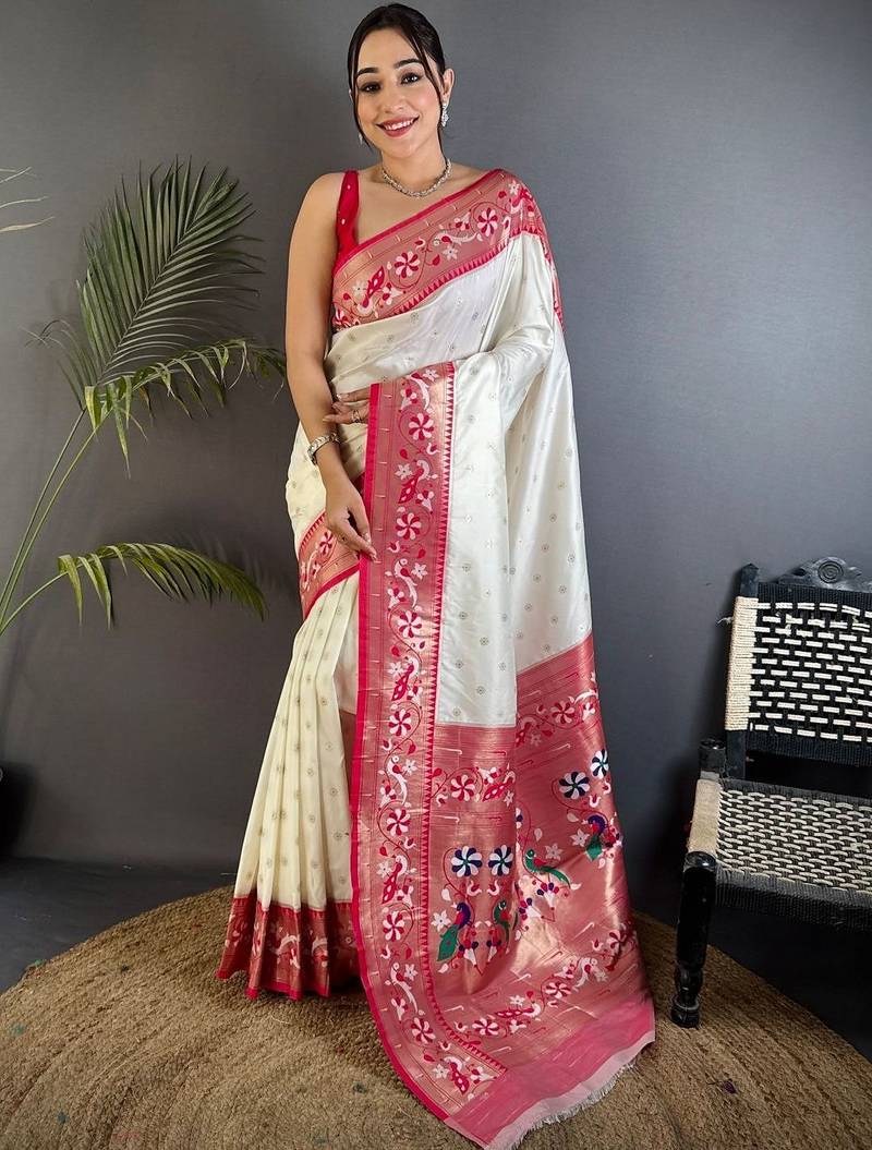 Off white woven design paithani sarees with blouse