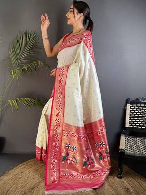 Off white woven design paithani sarees with blouse 2