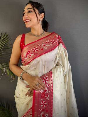 Off white woven design paithani sarees with blouse 3