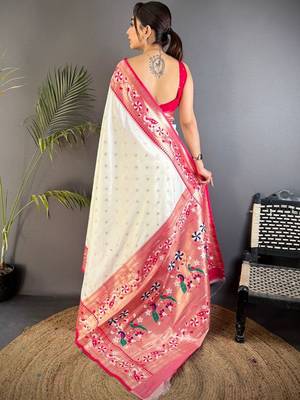 Off white woven design paithani sarees with blouse 4