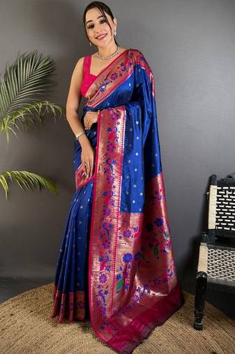 Blue woven design paithani sarees with blouse