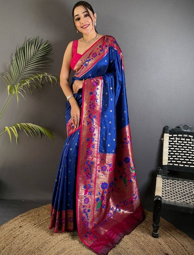 Blue woven design paithani sarees with blouse