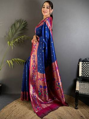 Blue woven design paithani sarees with blouse 2