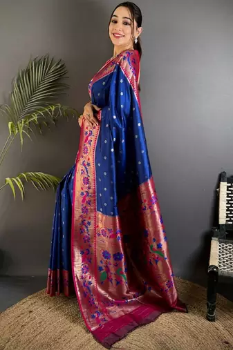 Blue woven design paithani sarees with blouse