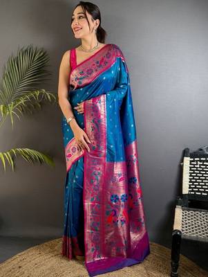 Blue woven design paithani sarees with blouse 3