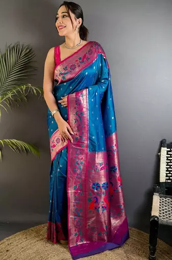 Blue woven design paithani sarees with blouse