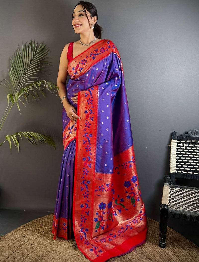 Lavender woven design paithani sarees with blouse