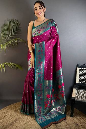 Purple woven design paithani sarees with blouse