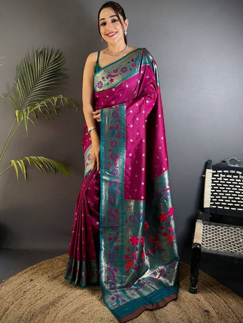 Purple woven design paithani sarees with blouse