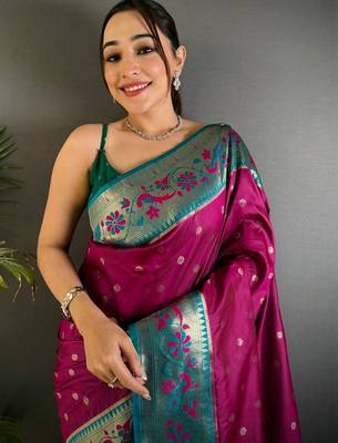 Purple woven design paithani sarees with blouse 4