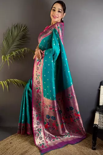 Teal woven design paithani sarees with blouse