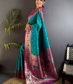 Teal woven design paithani sarees with blouse