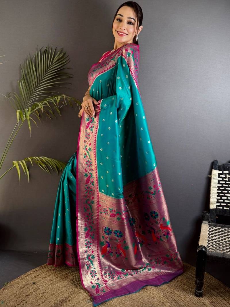 Teal woven design paithani sarees with blouse