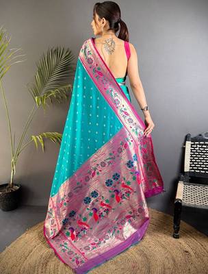 Teal woven design paithani sarees with blouse 2