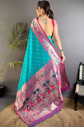 Teal woven design paithani sarees with blouse