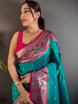 Teal woven design paithani sarees with blouse 3
