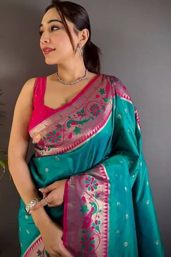 Teal woven design paithani sarees with blouse