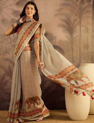 Cream motifs printed saree with unstitched blouse 2